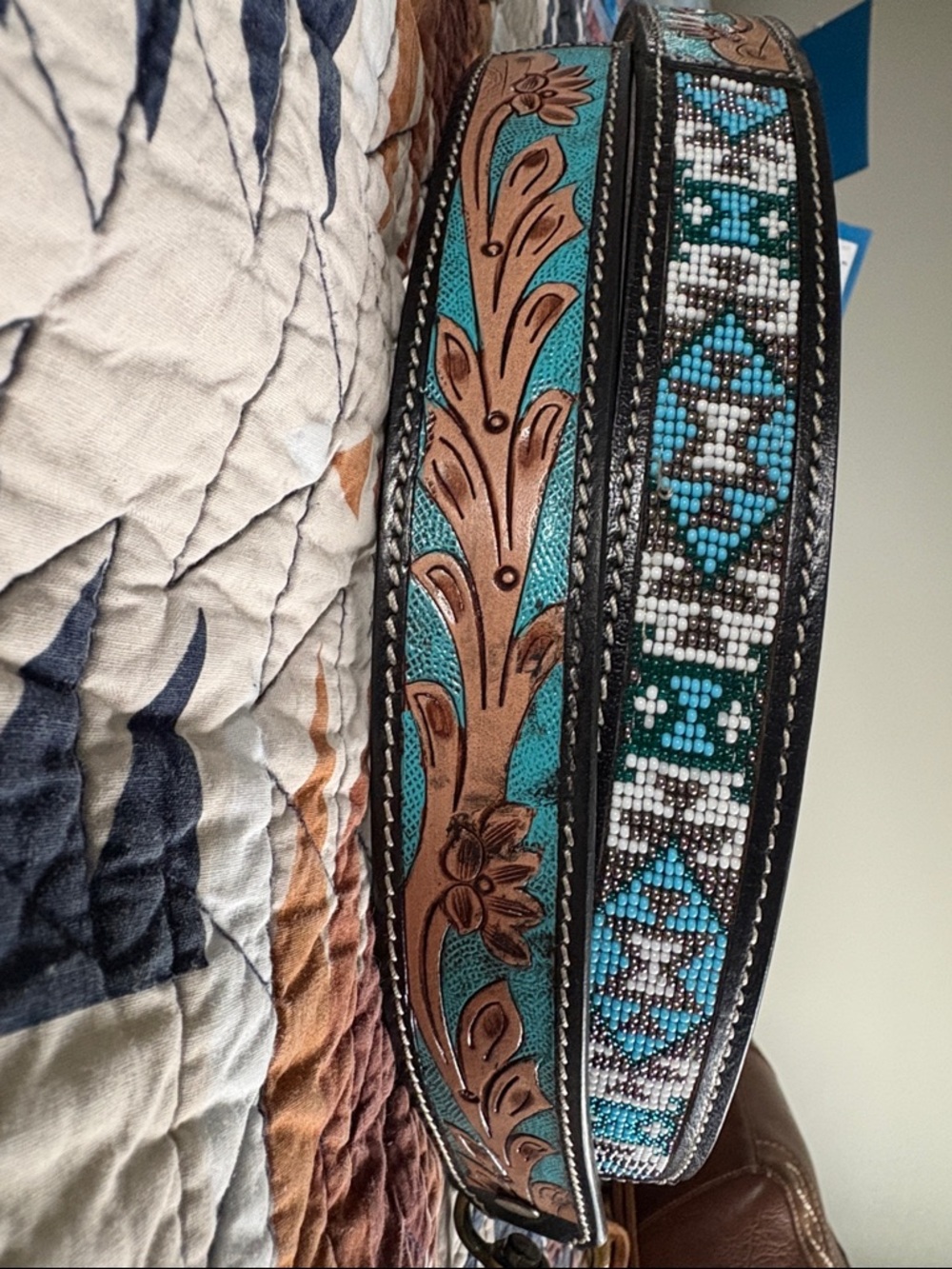 Turquoise and Brown Tooled Leather Beaded Purse Strap